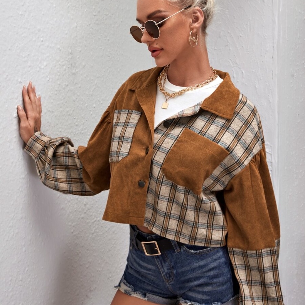 Corduroy plaid puff sleeve boyfriend jacket coat - Picture 5 of 7